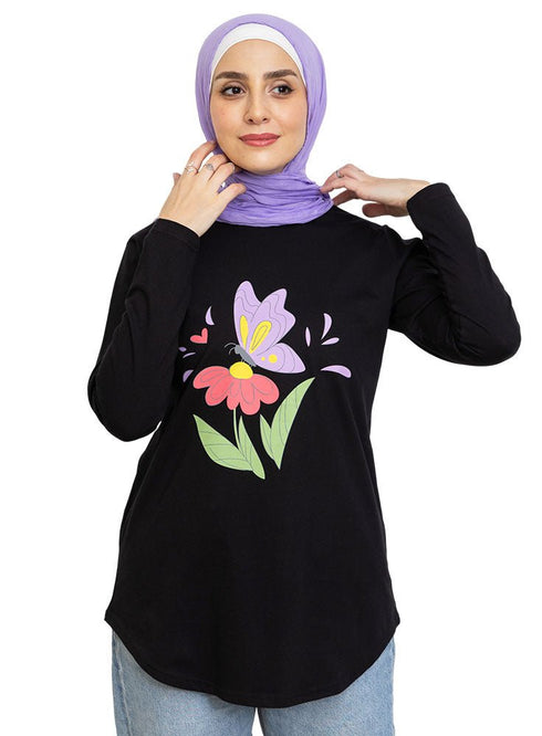 Black Printed Long - Sleeve Design 10 - Khotwh